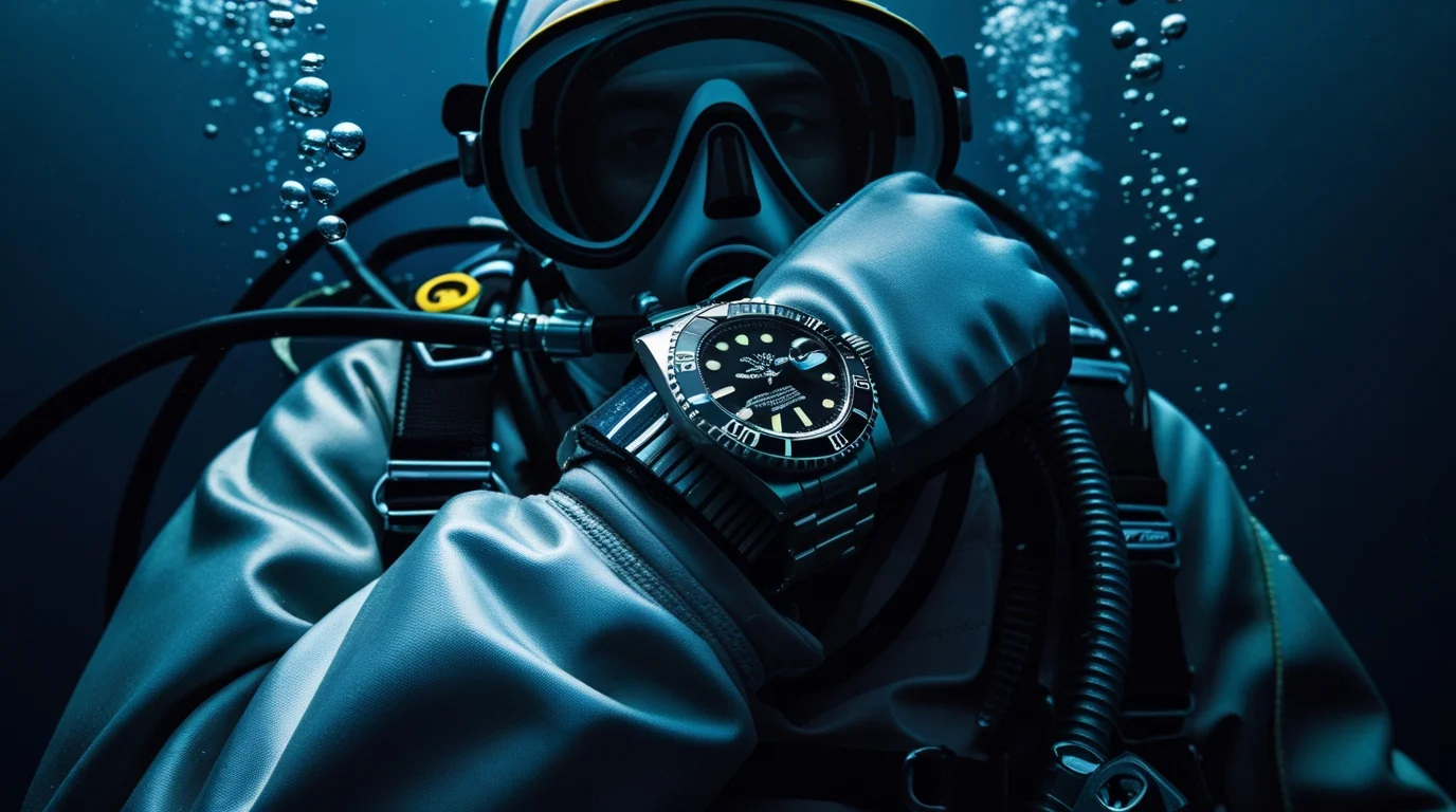 portada de relojes de buceo un buzo con un reloj diver en su muñeca